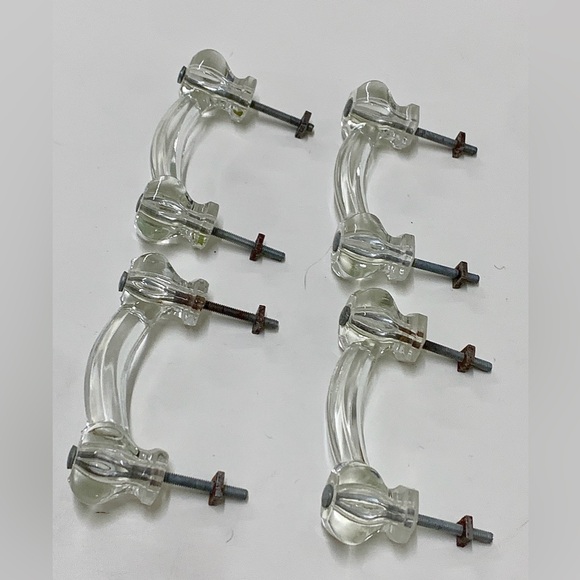 (Lot of 4) Early 1900s Clear Molded Glass Drawer Bridge Pull Handles w/ hardware - Picture 6 of 10
